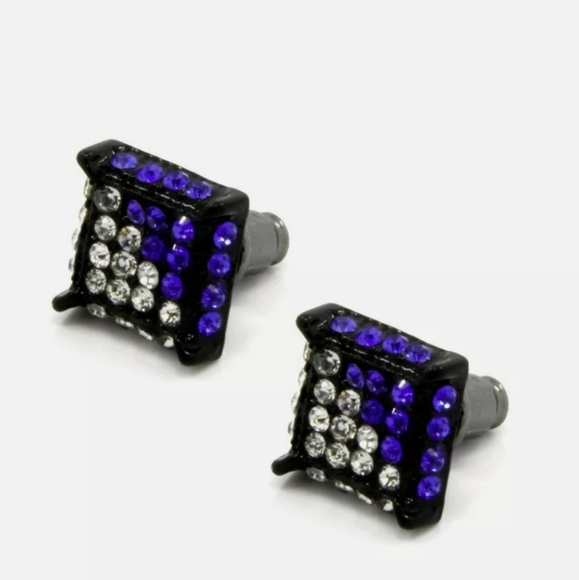 New-Men, Black & Blue Cz Cube,Micro Pave, Stud Ear - Picture 2 of 4
